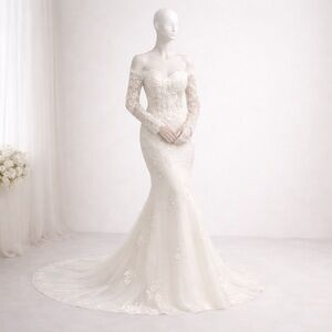 NWOT Off Shoulder Lace Mermaid Wedding Dress Long Sleeve Corset Bridal Gown 8
